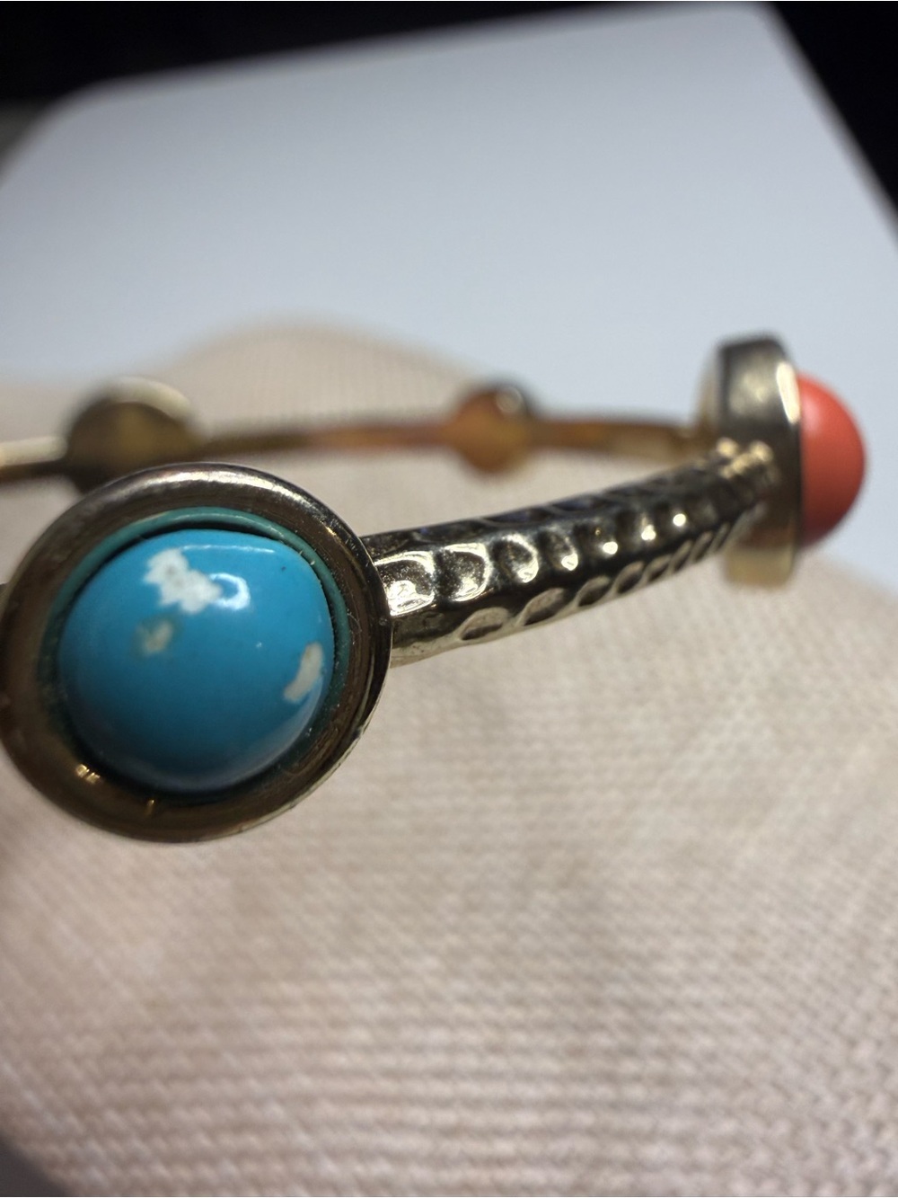 Gold-Tone Bangle Bracelet with Turquoise Blue and Coral Accents